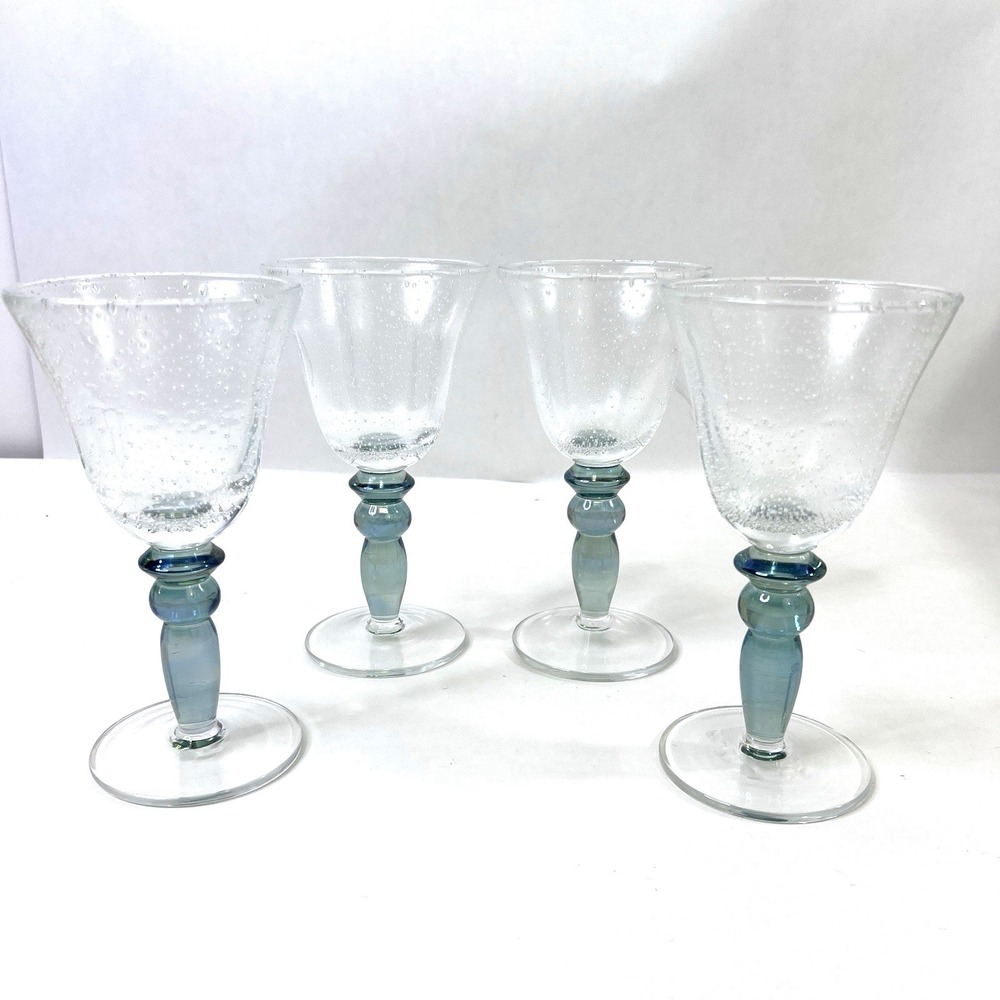 Pottery Barn Bubble Wine Glasses Aqua Green Stem Goblets Set of 4